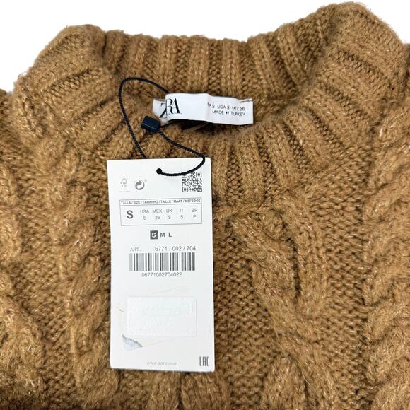 NWT ZARA Bloggers Fave Cable Knit Cropped Sweater Tan Brown Size Small - Picture 10 of 11
